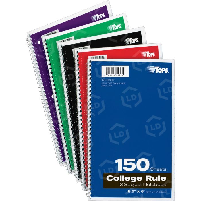 Tops 3-Subject Notebook - 150 Sheet - College Ruled - 9.50