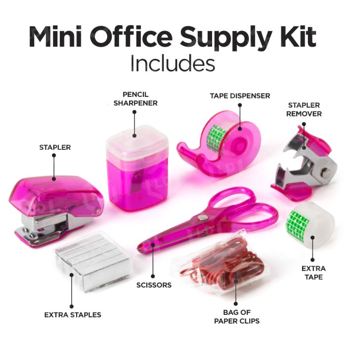 LD Products Pink Mini Office Supply Kit Portable Case with Scissors, Paper  Clips, Tape Dispenser, Pencil Sharpener, Stapler & Staple Remover