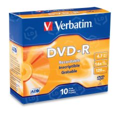 Verbatim 95099 DVD Recordable Media - DVD-R - 16x - 4.70 GB - 10 Pack Slim Case - 10 per pack
