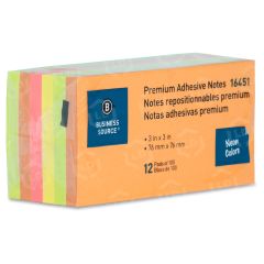 Business Source Adhesive Note Pad - 12 per pack - 3" x 3" - Neon