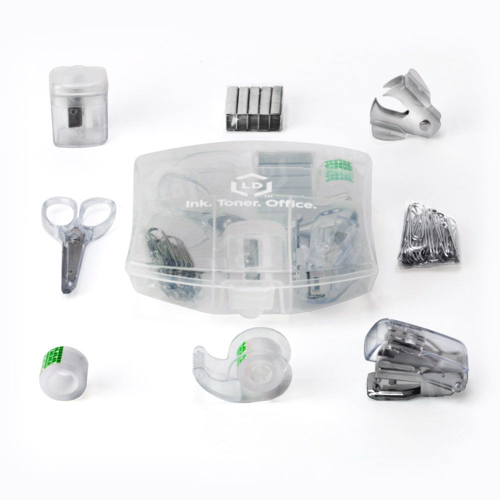 LD Products Clear Mini Office Supply Kit Portable Case with Scissors, Paper Clips, Tape Dispenser, Pencil Sharpener, Stapler & Staple Remover